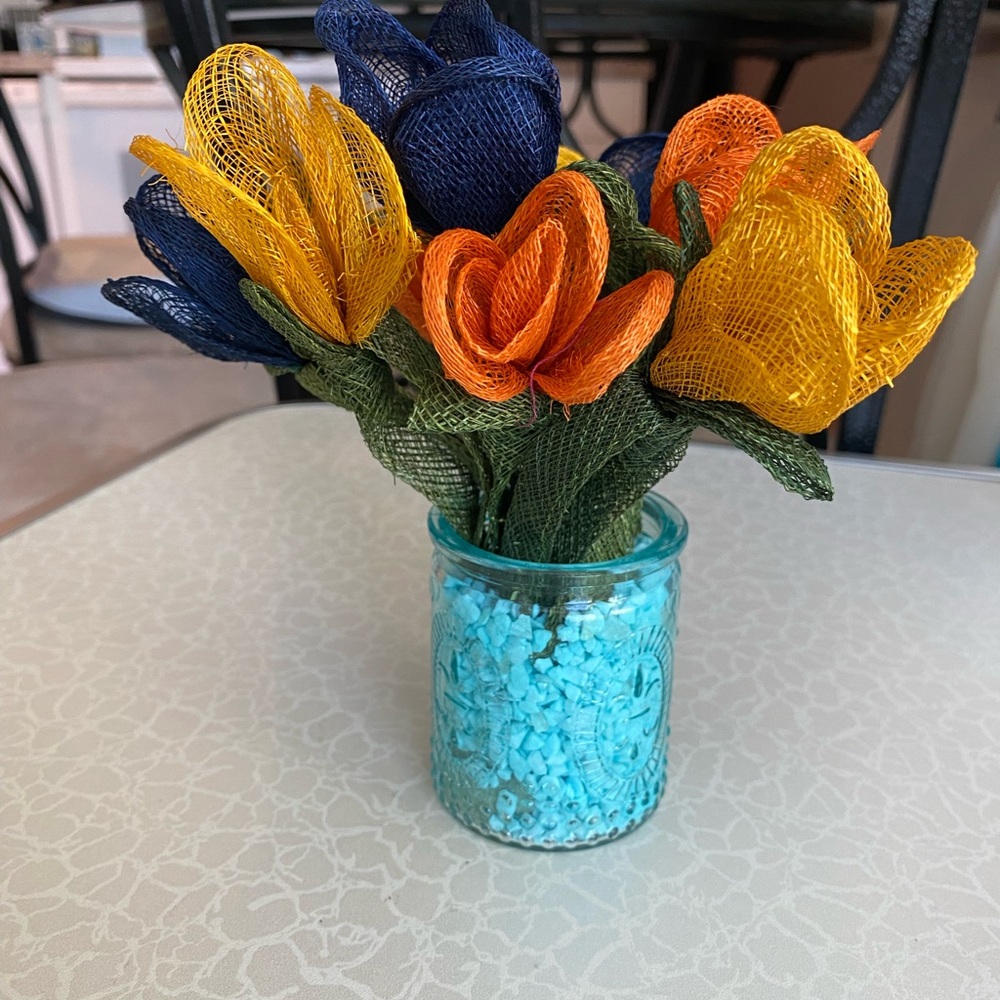 Glass Jar with Yellow, Orange & Navy Decorative Mesh Flowers